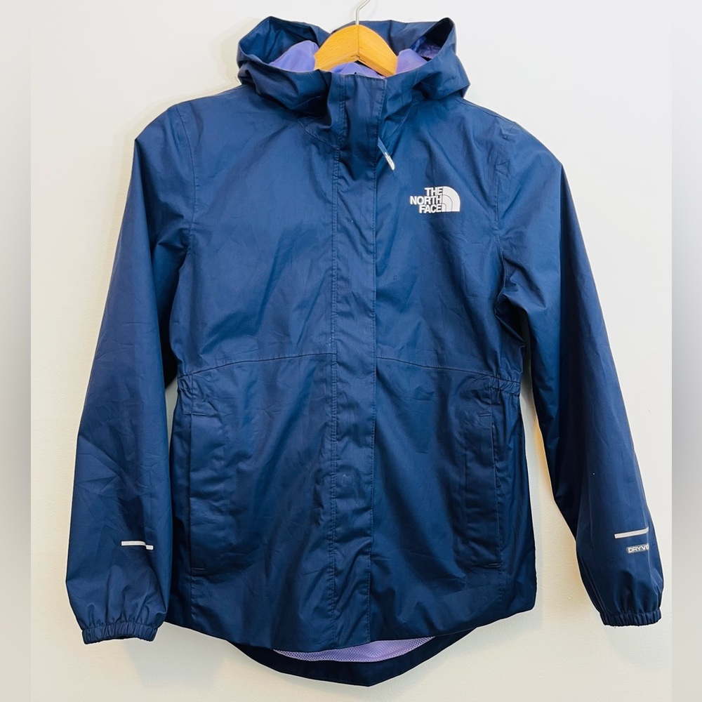 The North Face Girls 10/12 DryVent Rain Jacket Navy Lilac Hooded Waterproof EUC